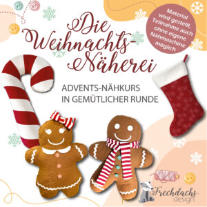 Handgenähte Weihnachtsdekoration aus Stoff mit Zuckerstangen und Lebkuchenkissen im Nähworkshop