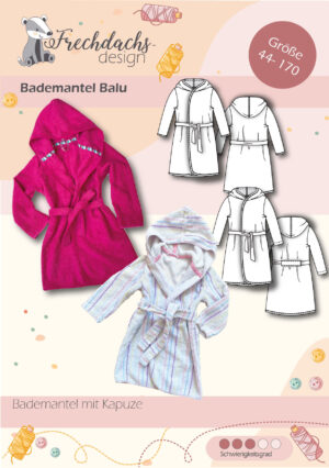 Bademantel Balu für Kinder – Schnittmuster mit Kapuze, Größenübersicht, technischen Zeichnungen und Produktfotos